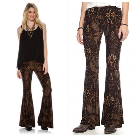 Free People Maura Printed Velvet Flare Pull On Pants Womens XS Brown FloralMulti - Picture 2 of 11